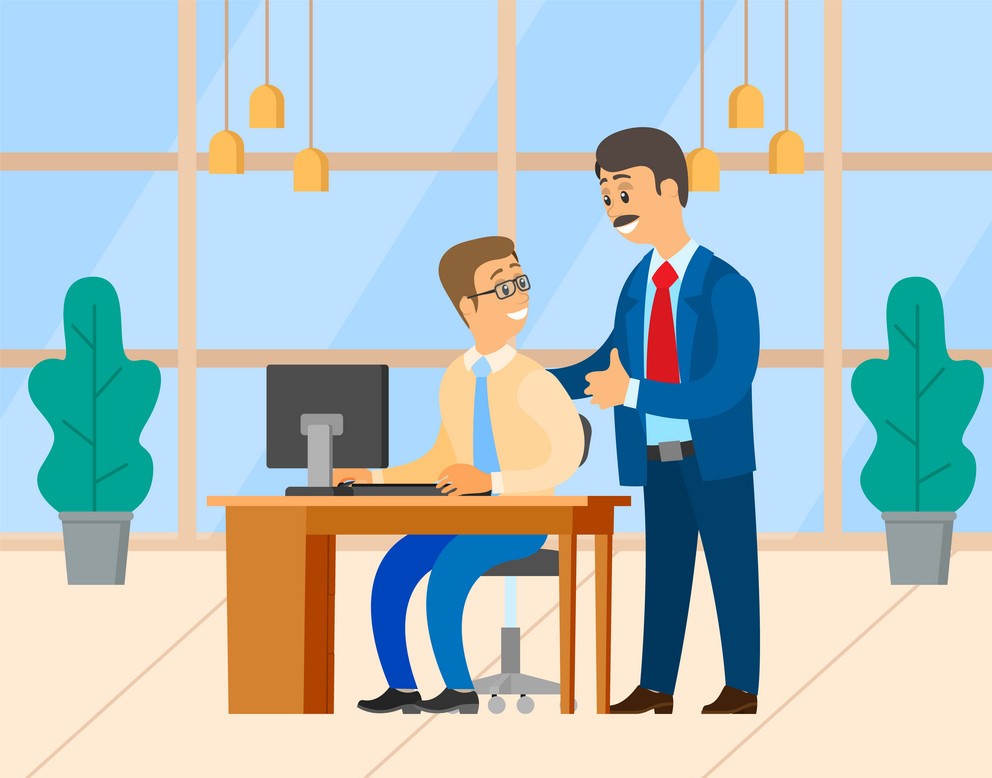 Office worker and boss vector, business workplace of employer and employee. People working on project together, praising for completed tasks flat style